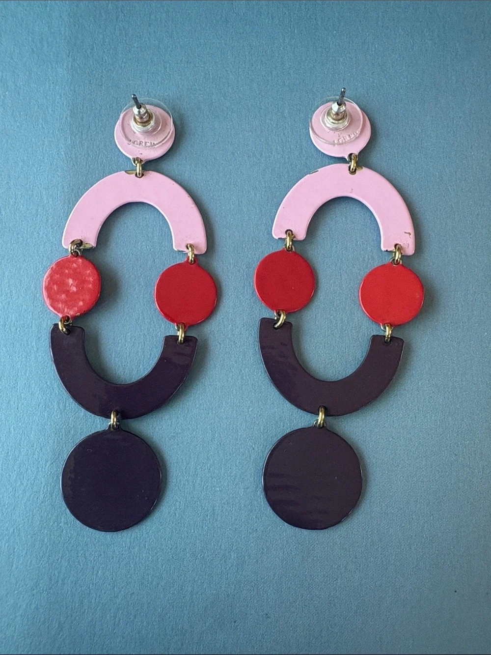 J. Crew Pink, Red & Purple Layered Geometric Drop Earrings
